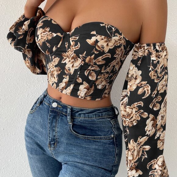 Multicolor Boho Women's Off Shoulder Floral Print Lantern Sleeve Crop Top - Picture 5 of 6